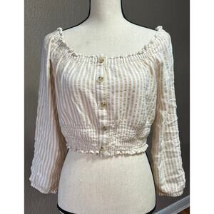 Aeropostale Women's Striped Baby Doll Crop Top Smocked Cottagecore Beige Large